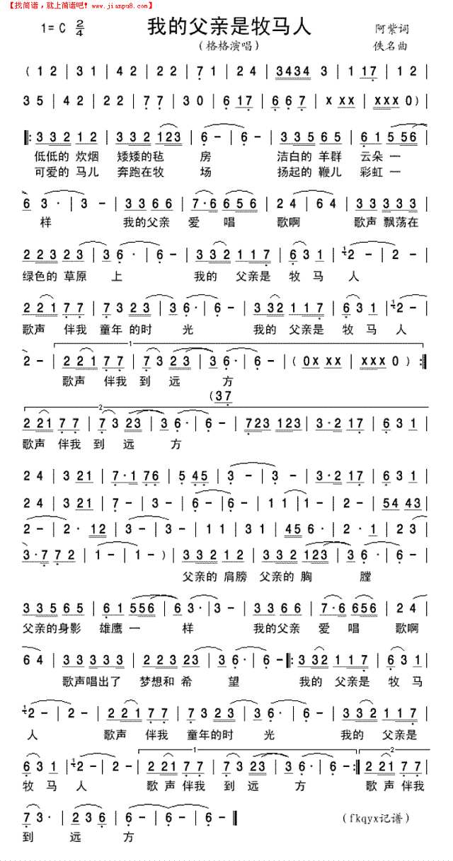 我的父亲是牧马人简谱
