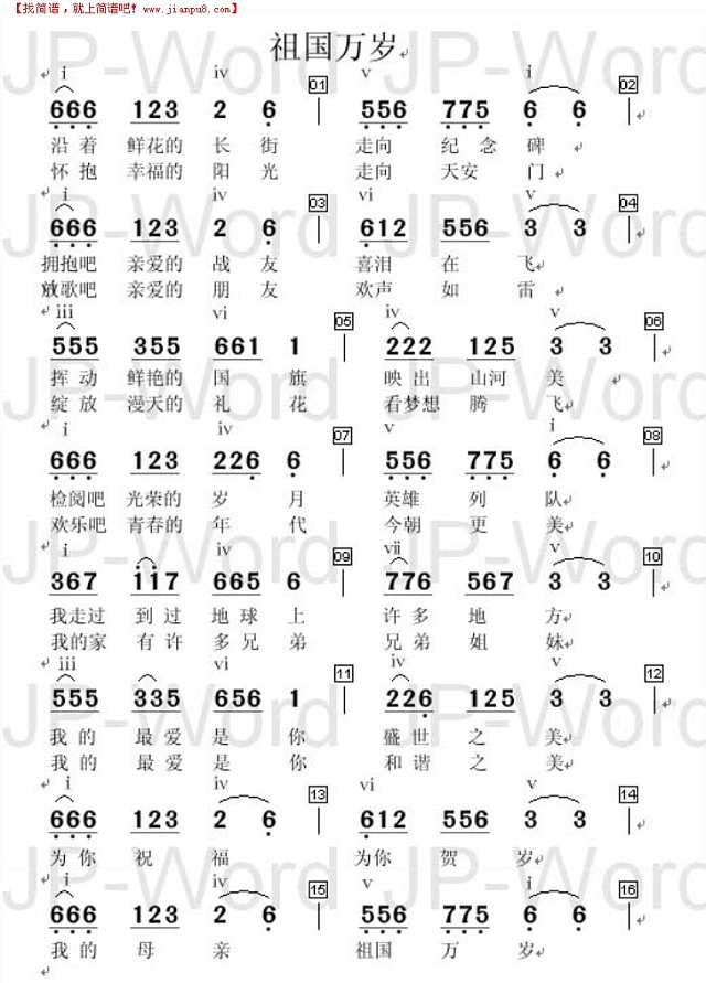 祖国万岁-春晚歌曲简谱
