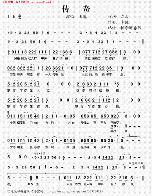 传奇（2010春晚歌曲）简谱
