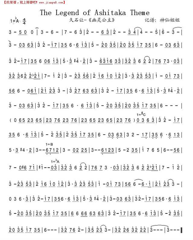 The Legend of Ashitaka Theme -《幽灵公主]简谱
