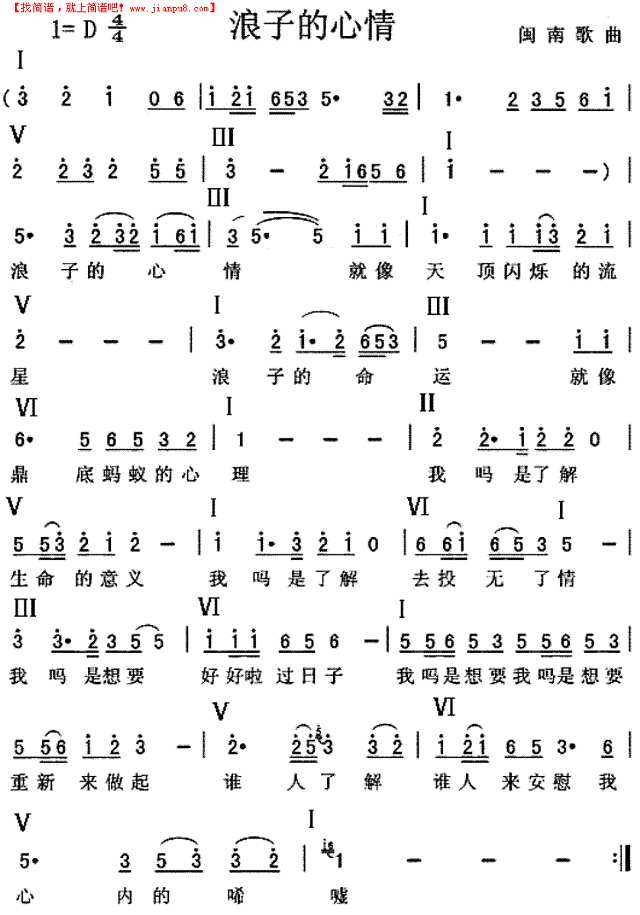 浪子的心情（配和声）简谱
