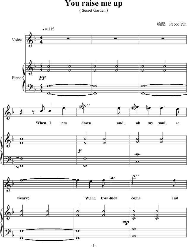 You Raise Me Up弹唱谱钢琴谱
