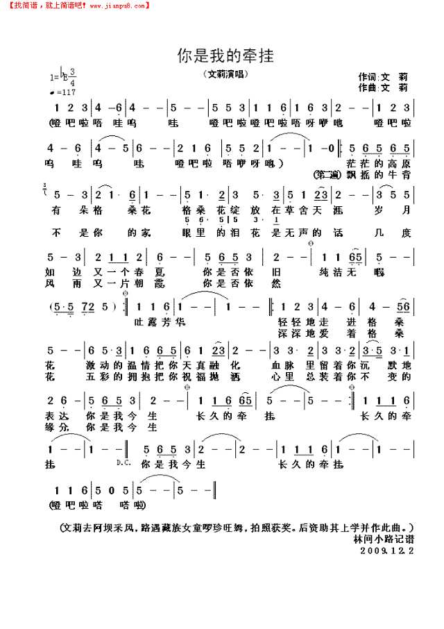 你是我的牵挂简谱