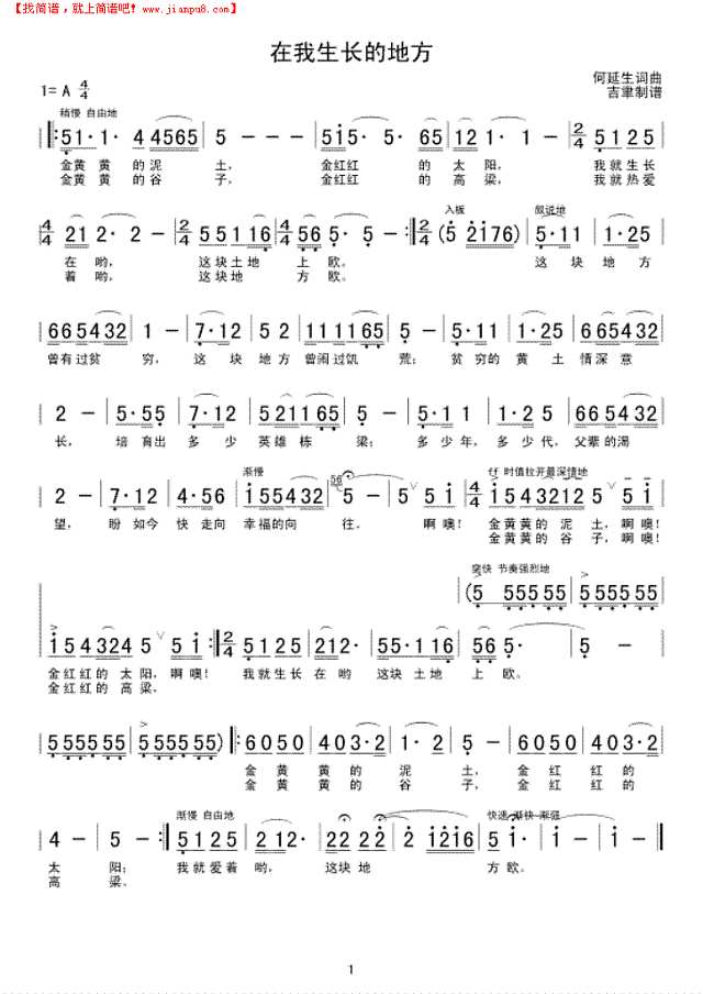 在我生长的地方简谱
