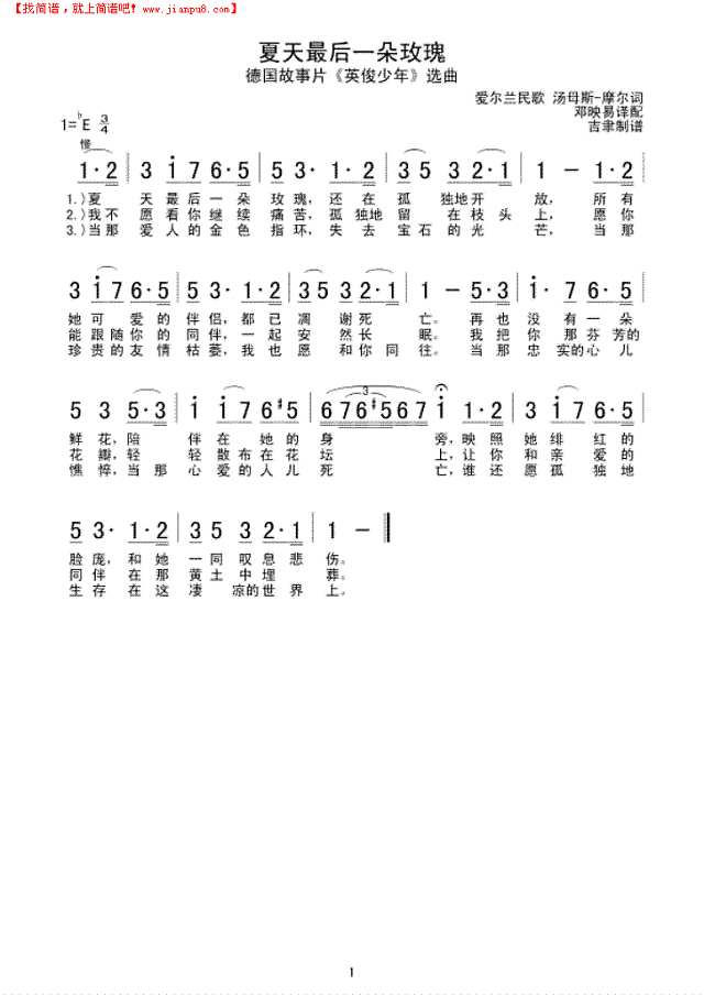 夏天最后一朵玫瑰简谱
