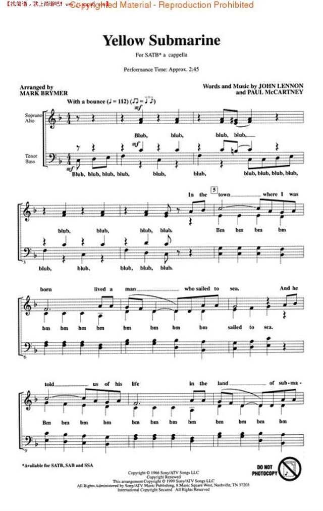 黄色潜水艇（yellow submarine）钢琴谱