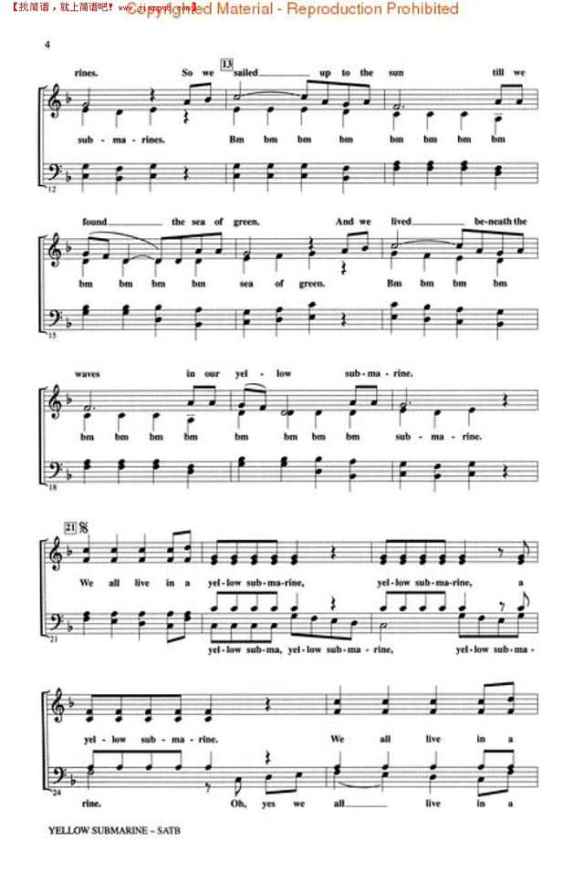 黄色潜水艇（yellow submarine）钢琴谱
