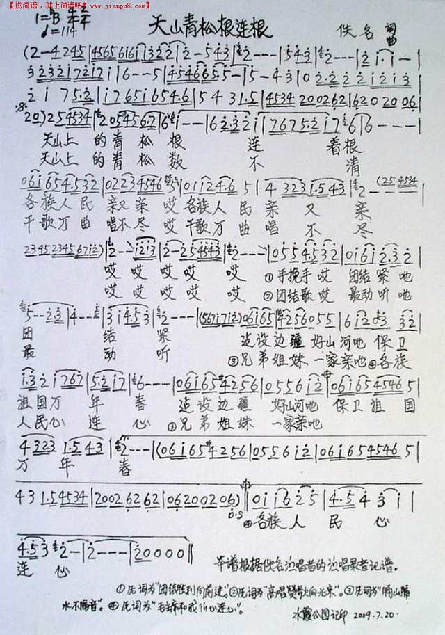 天山青松根连根简谱