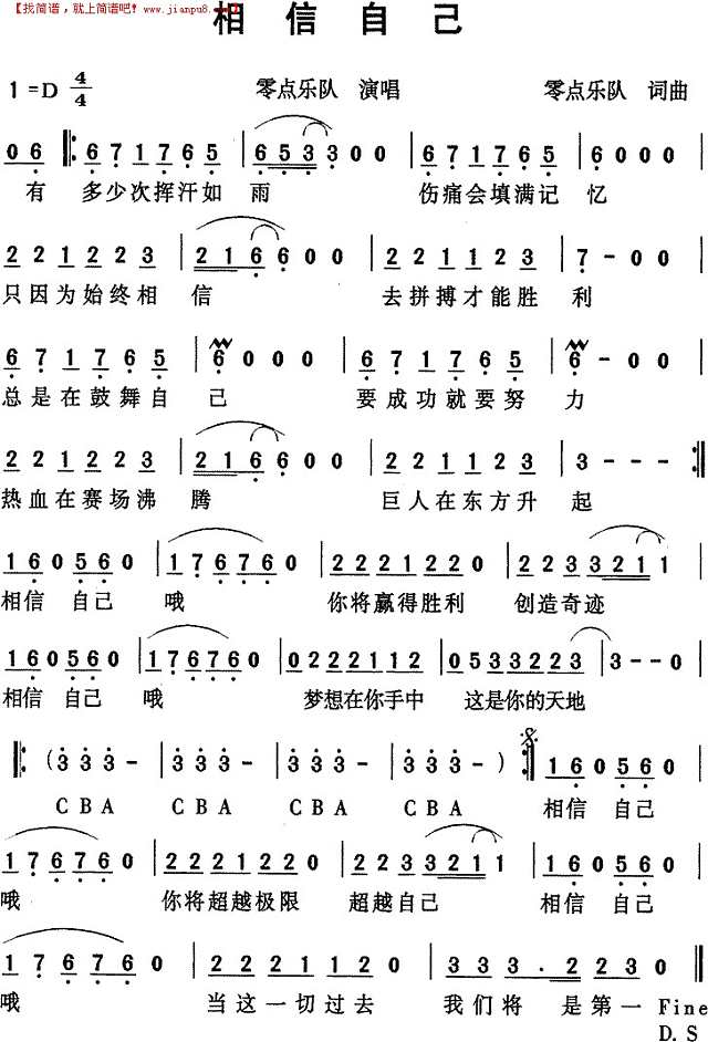 相信自已(零点乐队)简谱
