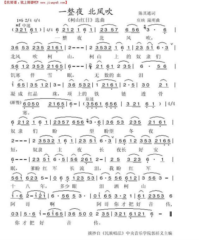 一整夜北风吹 （柯山红日 选曲）简谱
