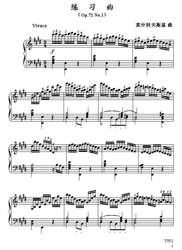 E大调练习曲钢琴谱
