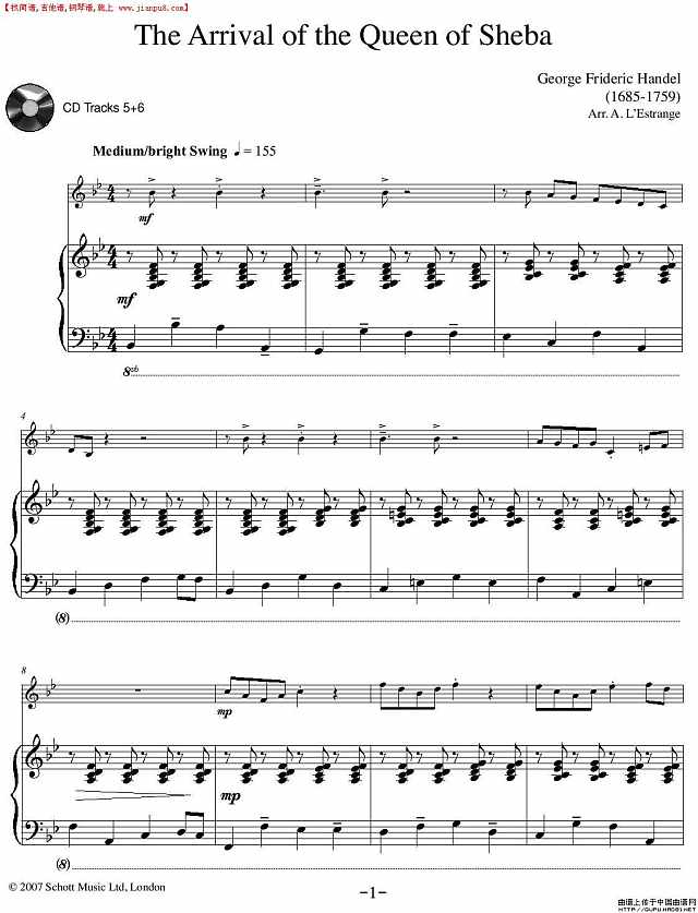 The Arrival of the Queen of Sheba（单簧管+钢琴）P1简谱