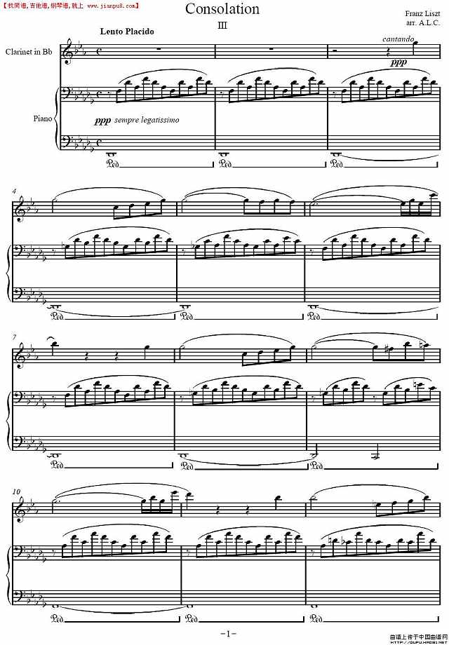 Consolation No.3(李斯特第三安慰曲)(单簧管+钢琴伴奏谱)P1简谱