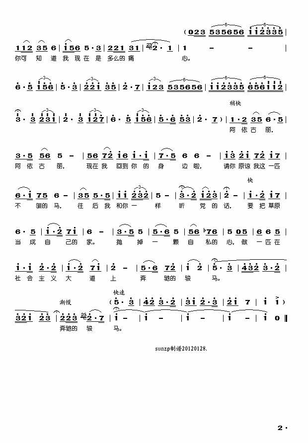 我要做一匹骏马(歌剧《阿依古丽》选曲)简谱