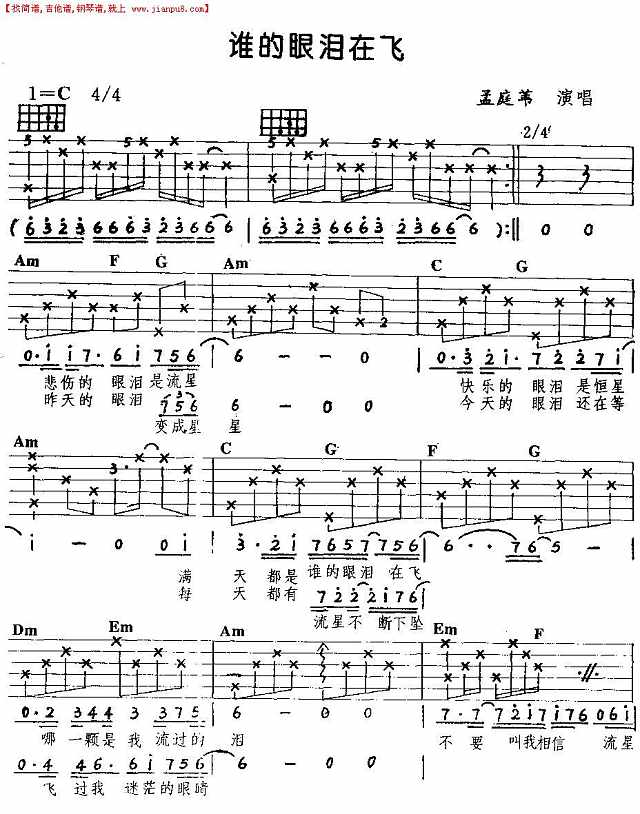 谁的眼泪在飞(吉他弹唱)简谱