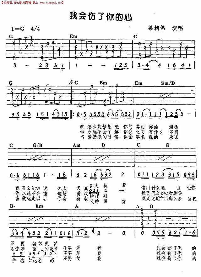 我会伤了你的心(吉他弹唱)简谱