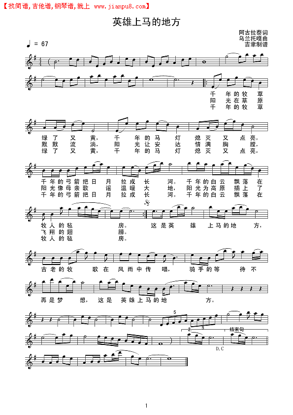 英雄上马的地方（线谱）简谱
