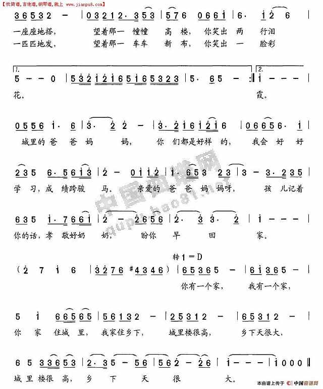 城里楼高 乡下天大简谱