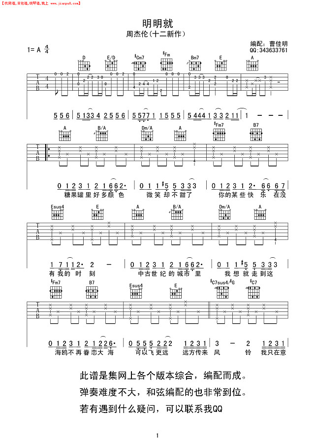《明明就》最完美吉他弹唱谱简谱