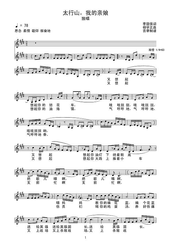 太行山，我的亲娘（线谱）简谱
