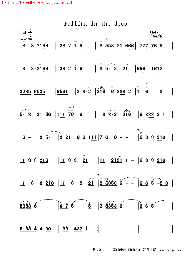 adele_rolling_in_the_deep简谱