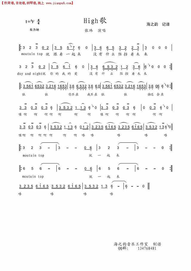 High歌（中国好声音　张玮演唱）简谱
