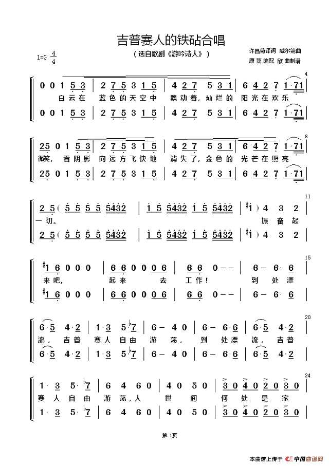 吉普赛人的铁砧合唱简谱